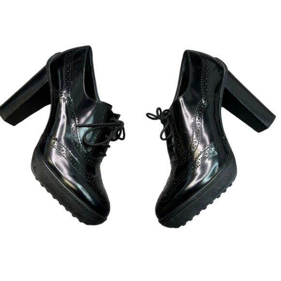 TOD'S Women's Black Leather Derby Style Pump Heels Size 38.5 Lace Up - Picture 1 of 10